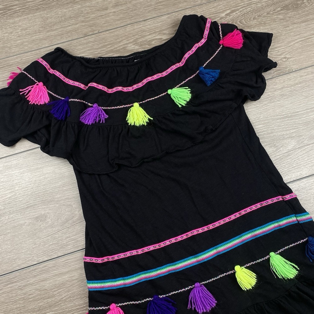 Pitusa Women's Off The Shoulder Mini Dress Black Multicolor Tassels Standard